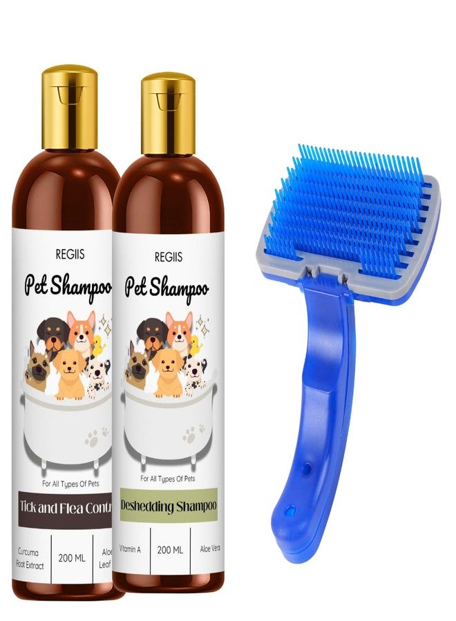 مجموعة شامبو الحيوانات الأليفة من ريجيس مع فرشاة إزالة الشعر الزائد، لمكافحة القراد والبراغيث، 200 مل، عبوتان، مكونات طبيعية مع خلاصة الصبار وجذر الكركم (عبوة من 3 قطع) - Image 1